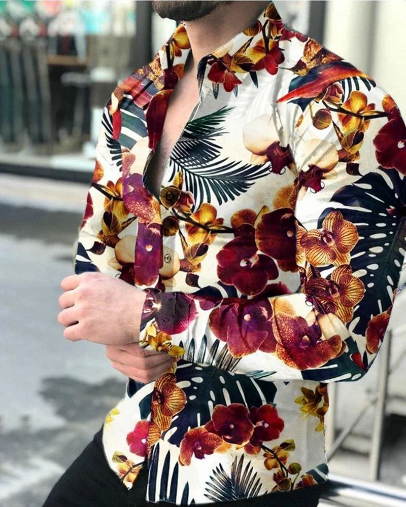 men's casual floral print long-sleeved shirt