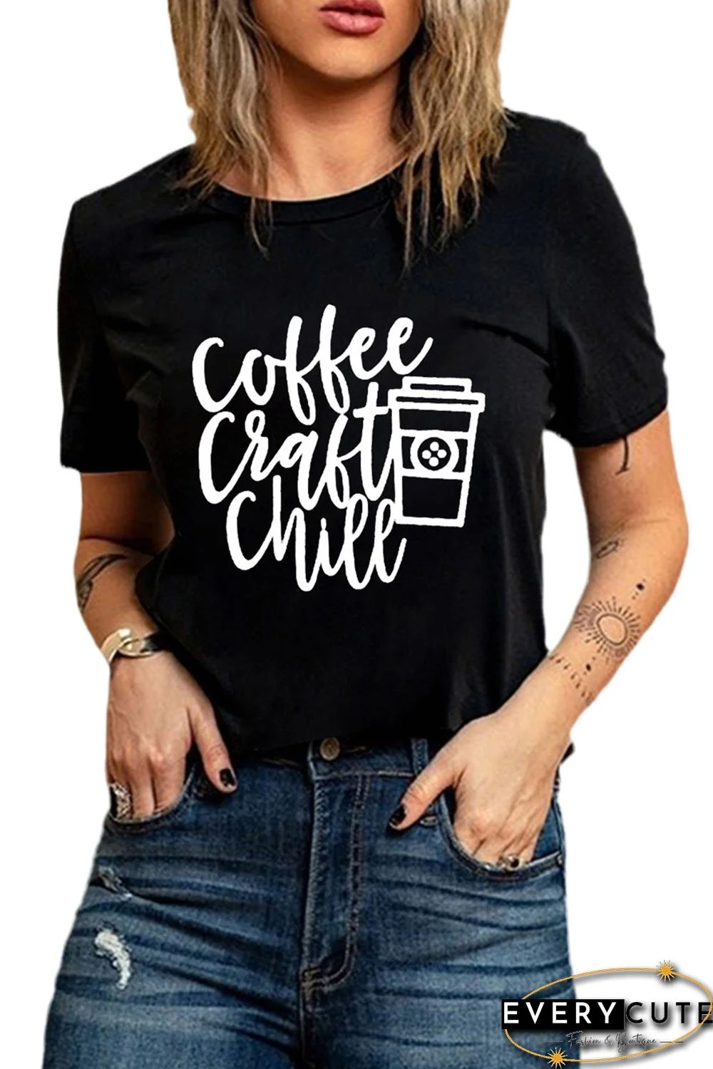 Black Solid Color Printed Rolled Sleeves T-shirt