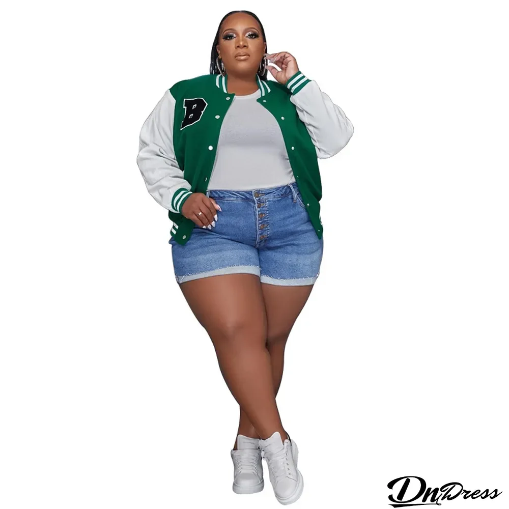 Autumn/Winter Color Contrast Fashion Casual Baseball Jacket Plus Size Women'S Outerwear Baseball Uniform