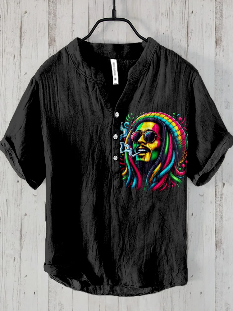 Comstylish Reggae Inspired Art Print Linen Blend Cozy Shirt