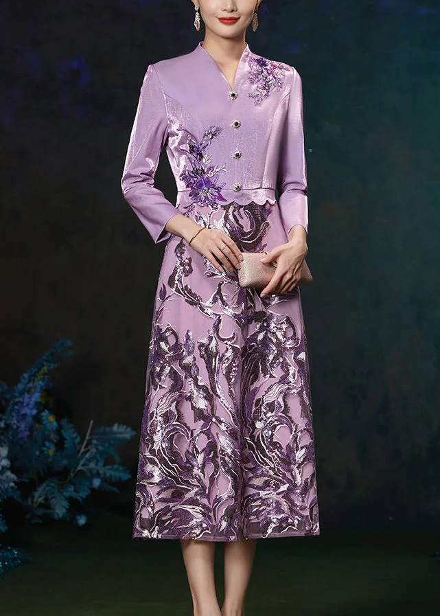 French Purple V Neck Embroideried Patchwork Silk Long Dresses Fall