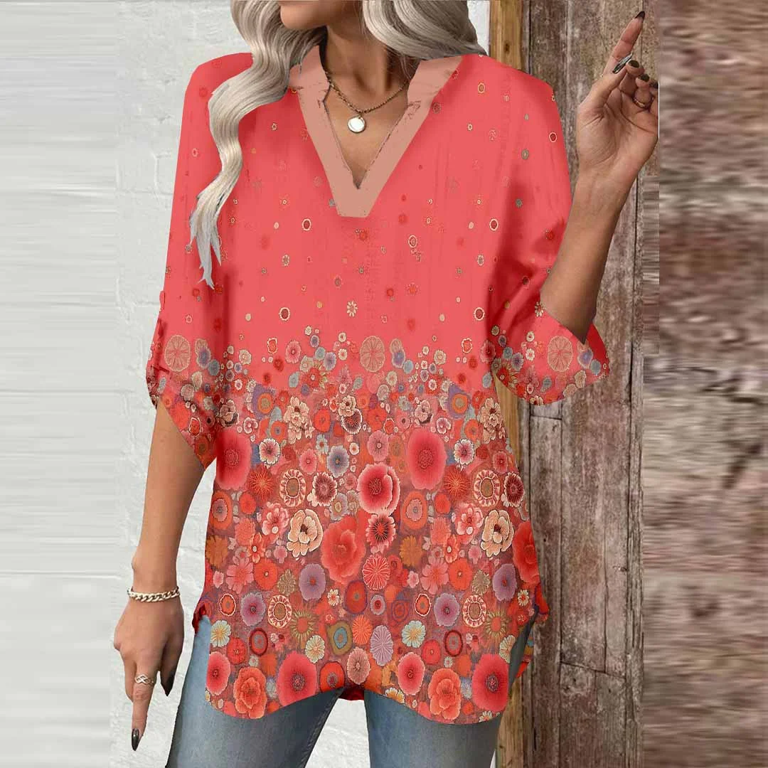 Women Floral, Red DZGA0558 3/4 Sleeve V-neck Printed Graphic Button Tops