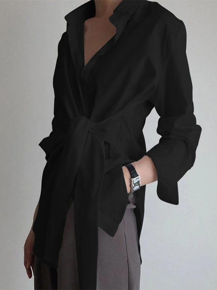 Solid Color Wrap Lapel Long Sleeve Shirt for Women socialshop