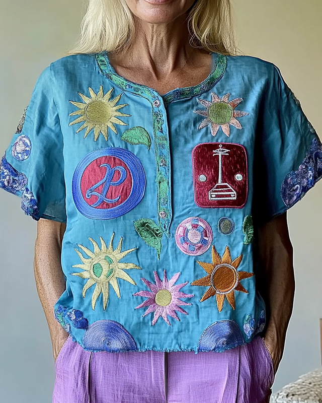 Women's short-sleeved hippie fun embroidery print top 4136