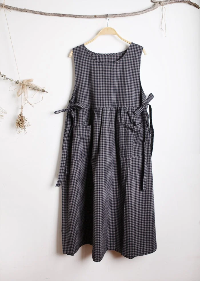 Queenfunky cottagecore style Cute Plaid Pinafore Slit Dress QueenFunky