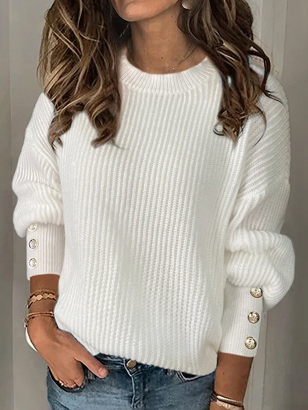 Buttoned Solid Color Split-Joint Long Sleeves Loose Round-Neck Sweater Tops Pullovers