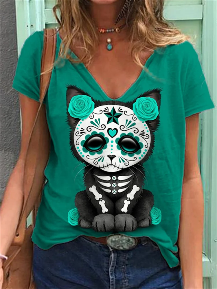 Day Of The Dead Lovely Cat V Neck T Shirt