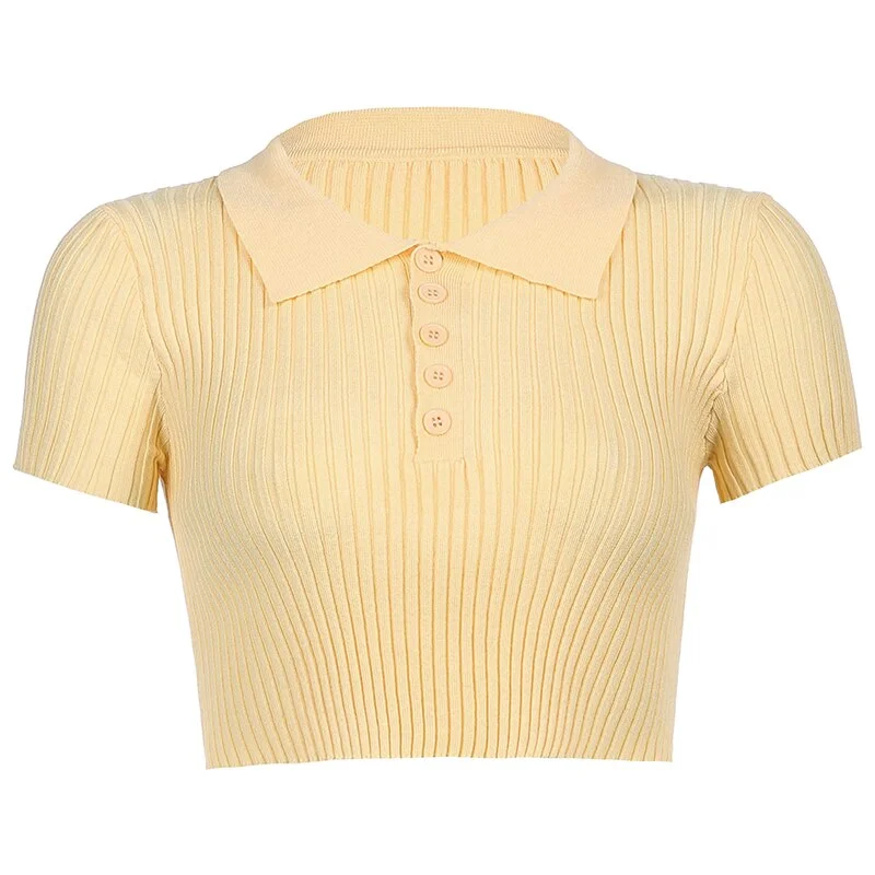 HEYounGIRL Ribbed Casual Tshirts Cotton Women Summer Short Sleeve Crop T Shirt Ladies Turn-down Collar Solid White Tee Shirt