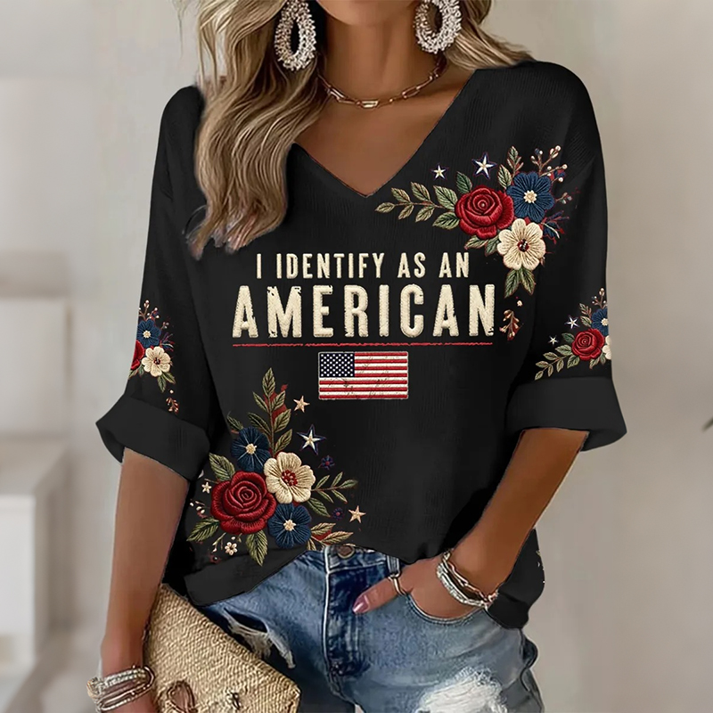  Women's Retro Flag Flower Print Casual Linen Shirt Westsshops
