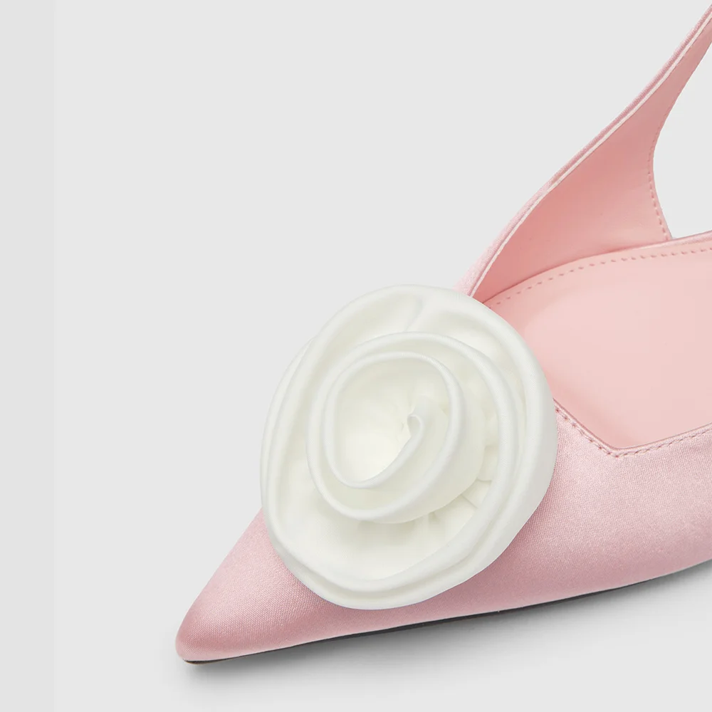 Light Pink Pointed Toe Rose Decor Stiletto Heel Slingback Pumps