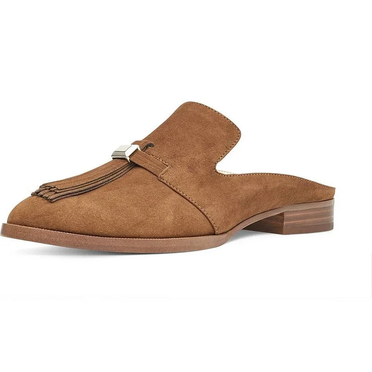 Tan Vegan Suede Round Toe Comfy Flats Fringe Mule Loafers for Women |FSJ Shoes