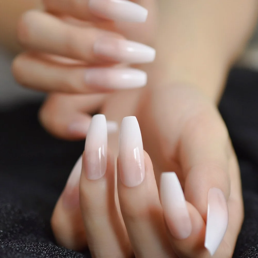 Ombre French Tip Extra Long Ballerina Shape False Press on Natural Nails White Gradient Nude Coffin Tips with Adhesive Tabs 24-Nail Inspo