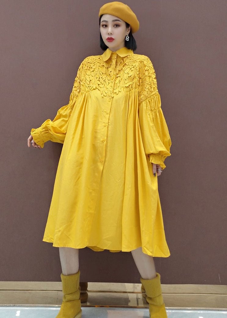 Stylish Yellow Puff Sleeve Peter Pan Collar lace Patchwork shirt Dress