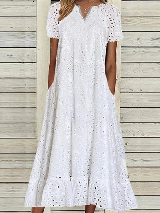 Women's White Short Sleeve V-neck Lace Midi Dress