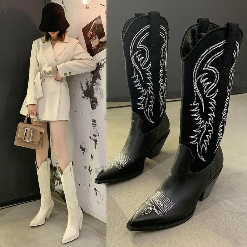 white cowboy boots 2021 autumn and winter long but knee western boots Plus Size Embroidered Vintage Roman Western Cowboy Boots