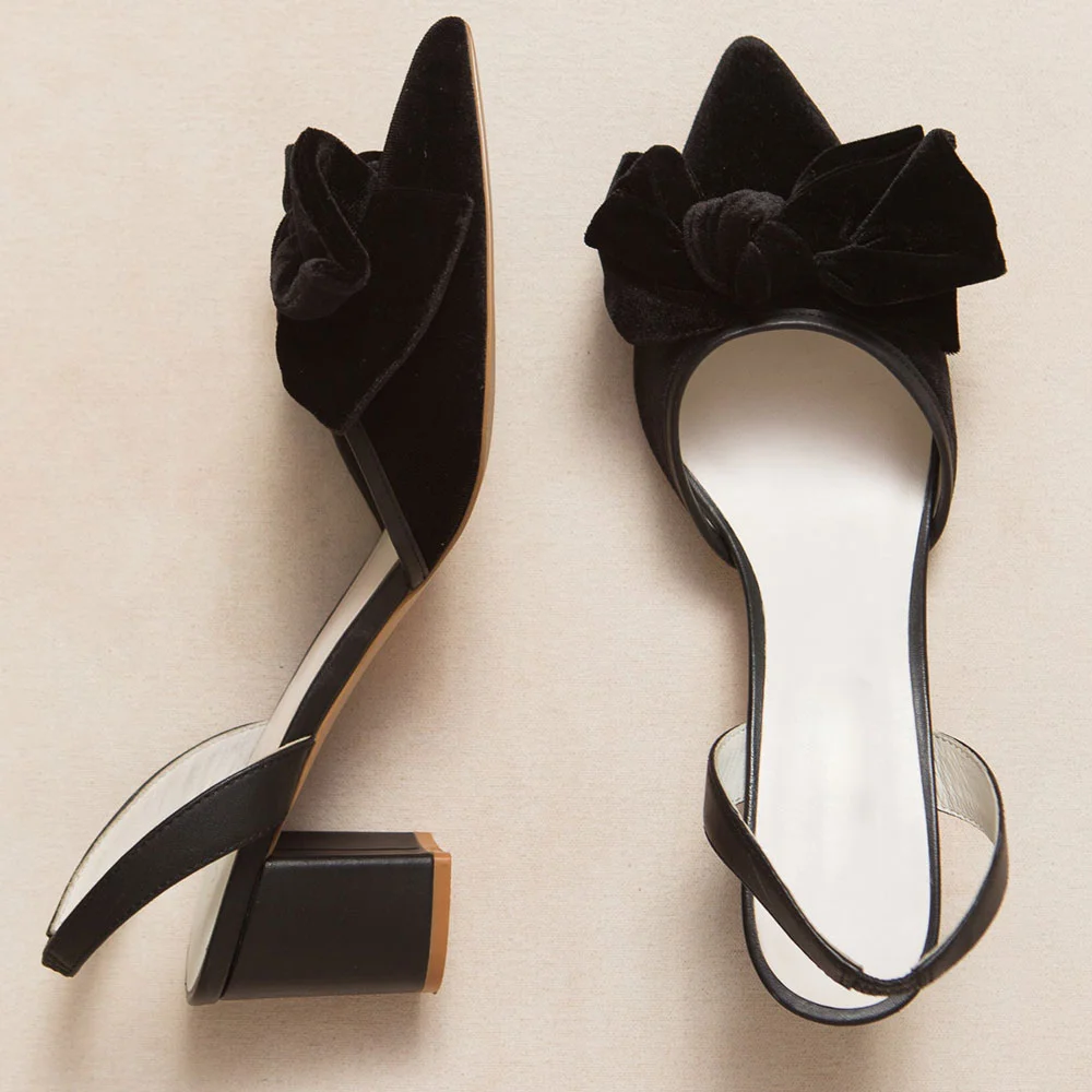 Black Velvet Pointed Toe Bow Decor Block Heel Slingback Pumps