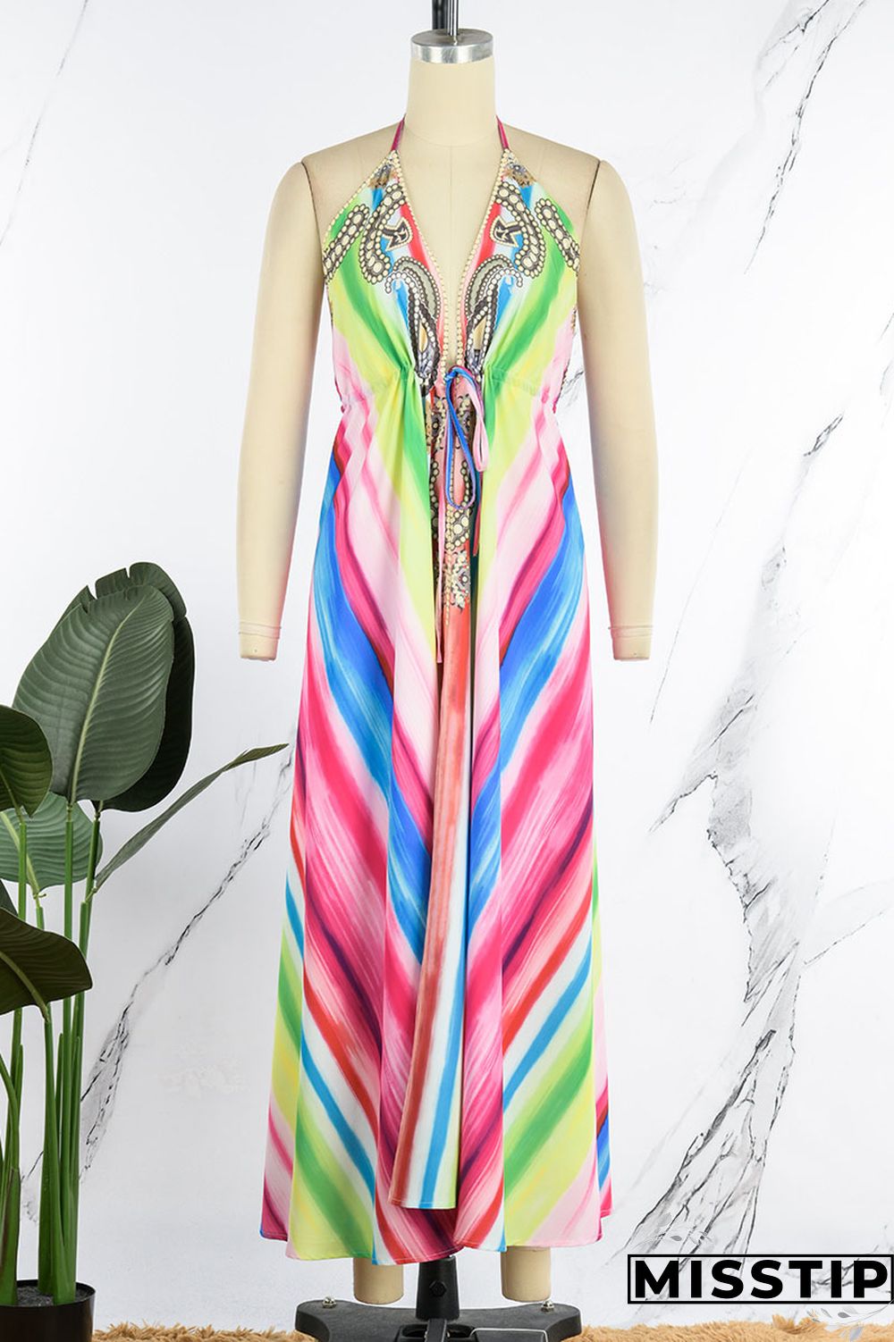 Colour Sexy Vacation Print Patchwork Backless Halter A Line Dresses