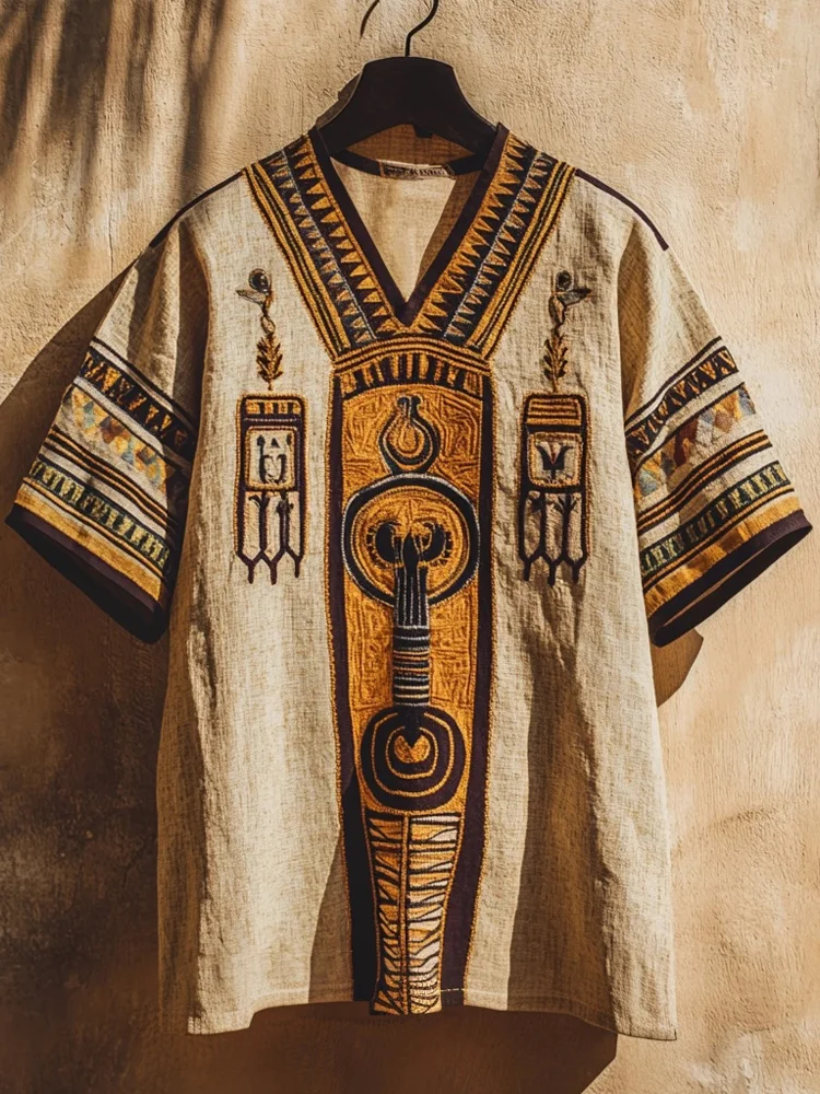 Men's Ancient Egyptian Inspired Patchwork Cozy Linen T Shirt / Rvogue / Rvogue