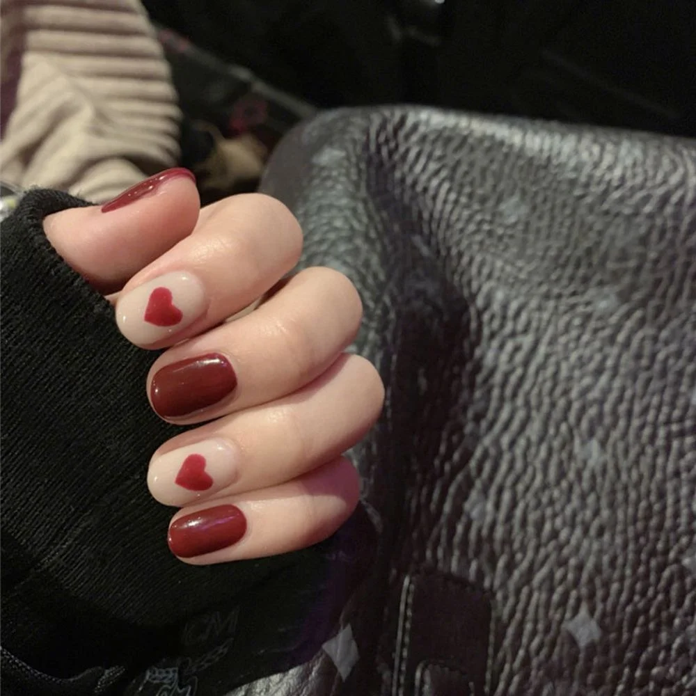 24pcs/box Middle length Ballet nude pink Color false nails with design with heart pattern artificial nails with jelly glue-Nail Inspo