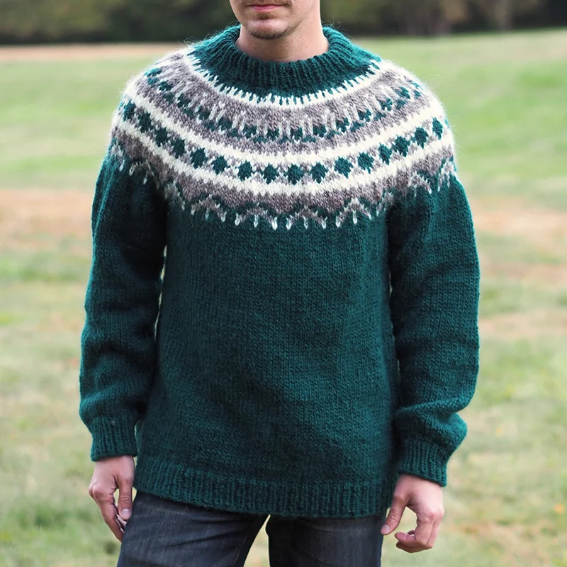 Men'S Vintage Knitted Jacquard Crew Neck Sweater