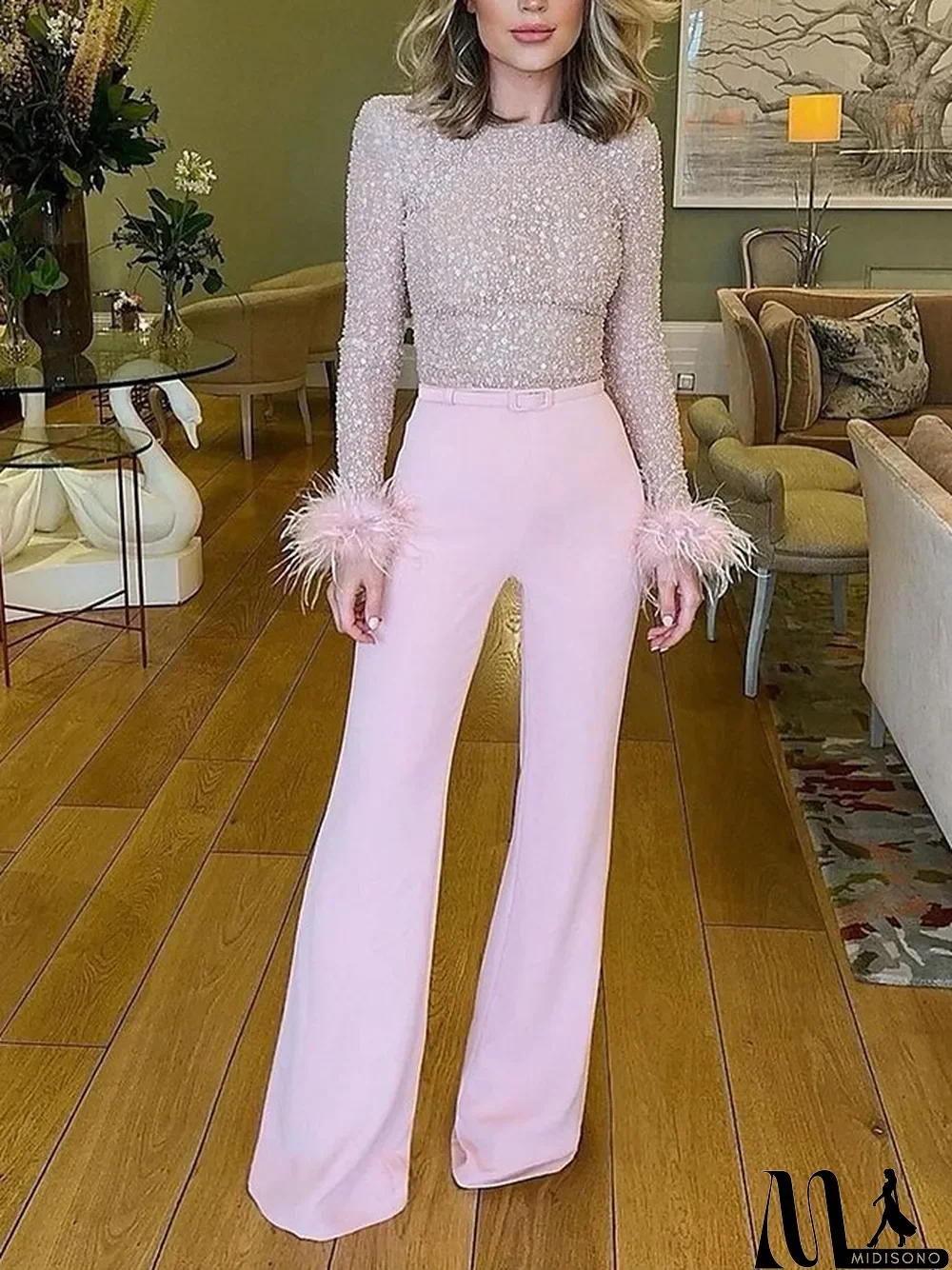 MidiSono - Women's Jumpsuit Feather Sequin Solid Color Crew Neck Streetwear Wedding Party Regular Fit Long Sleeve White Pink Blue S M L Summer