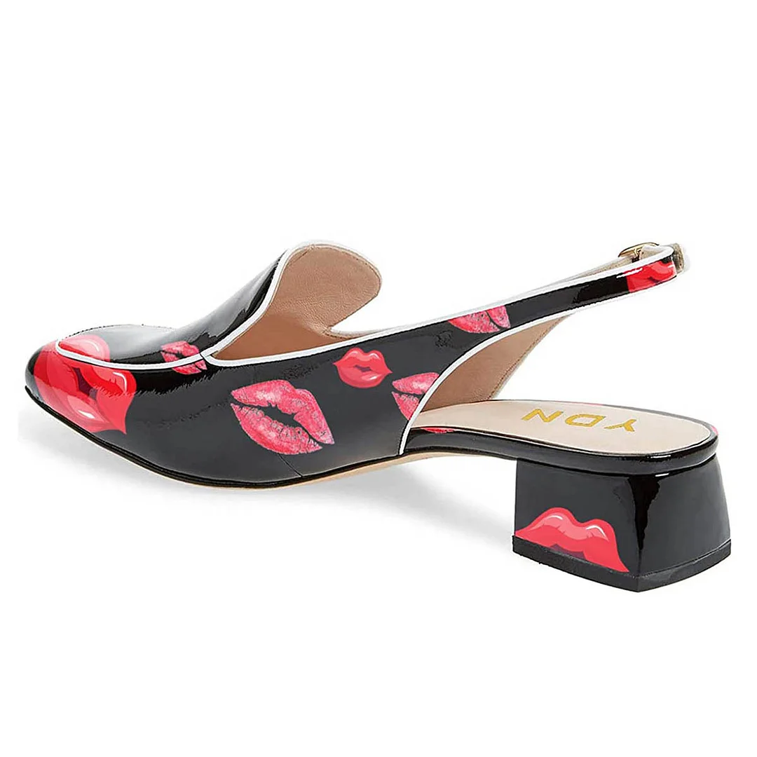 Black Kiss Print Square Toe Slingback Chunky Heeled Loafers