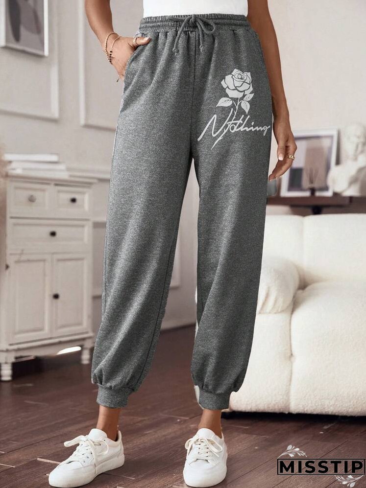 Floral & Letter Graphic Drawstring Waist Sweatpants