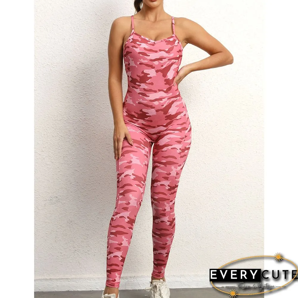 Pink Camo Print Back Criss-cross Nylon Jumpsuit