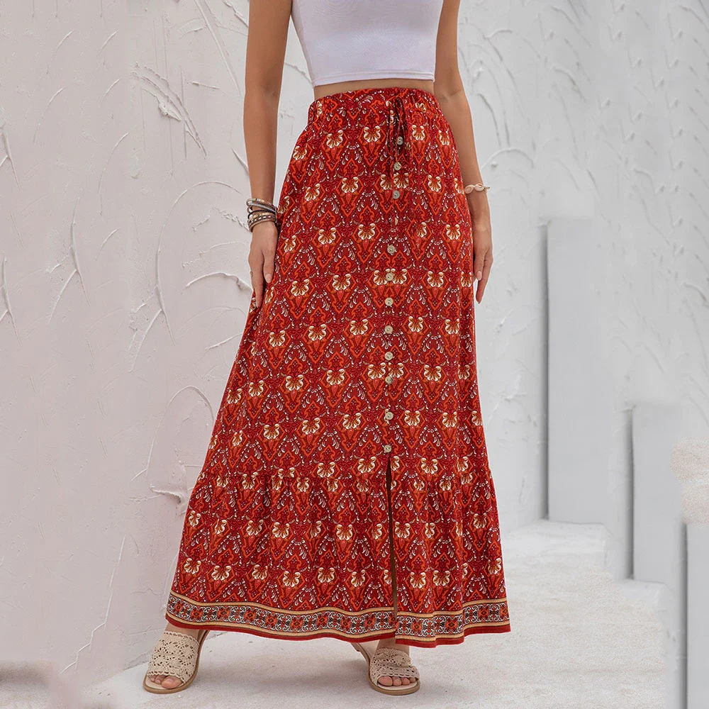 Jangj Women Clothing Casual Boho Print Lace Up Maxi Skirts Summer Fashion Empire Loose Long Skirt Green Slit Beach Skirts Womens 2021