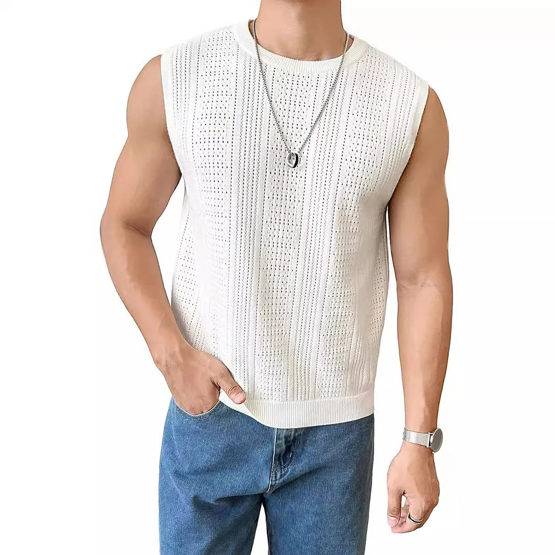 Mongw Mongw Men's New Solid Color Sweater Fashion Men's Sleeveless Jacket Hollow Out Breathable Round Collar Recreational Vest