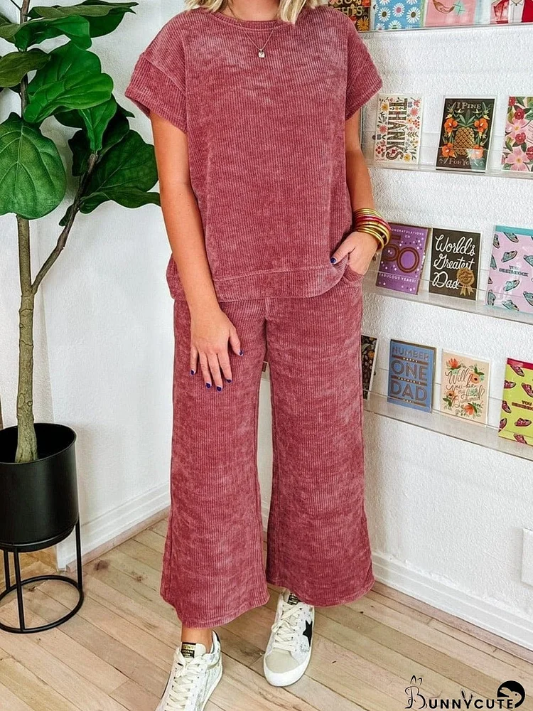 Rose Pink Corduroy Short Sleeve Crop Pants Ensemble