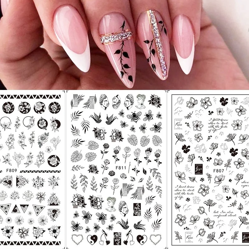 1PC 3D Nail Stickers Flowers Leaves Self-Adhesive Slider Letters Nail Art Decorations Love Heart Decals Manicure Accessories-Nail Inspo