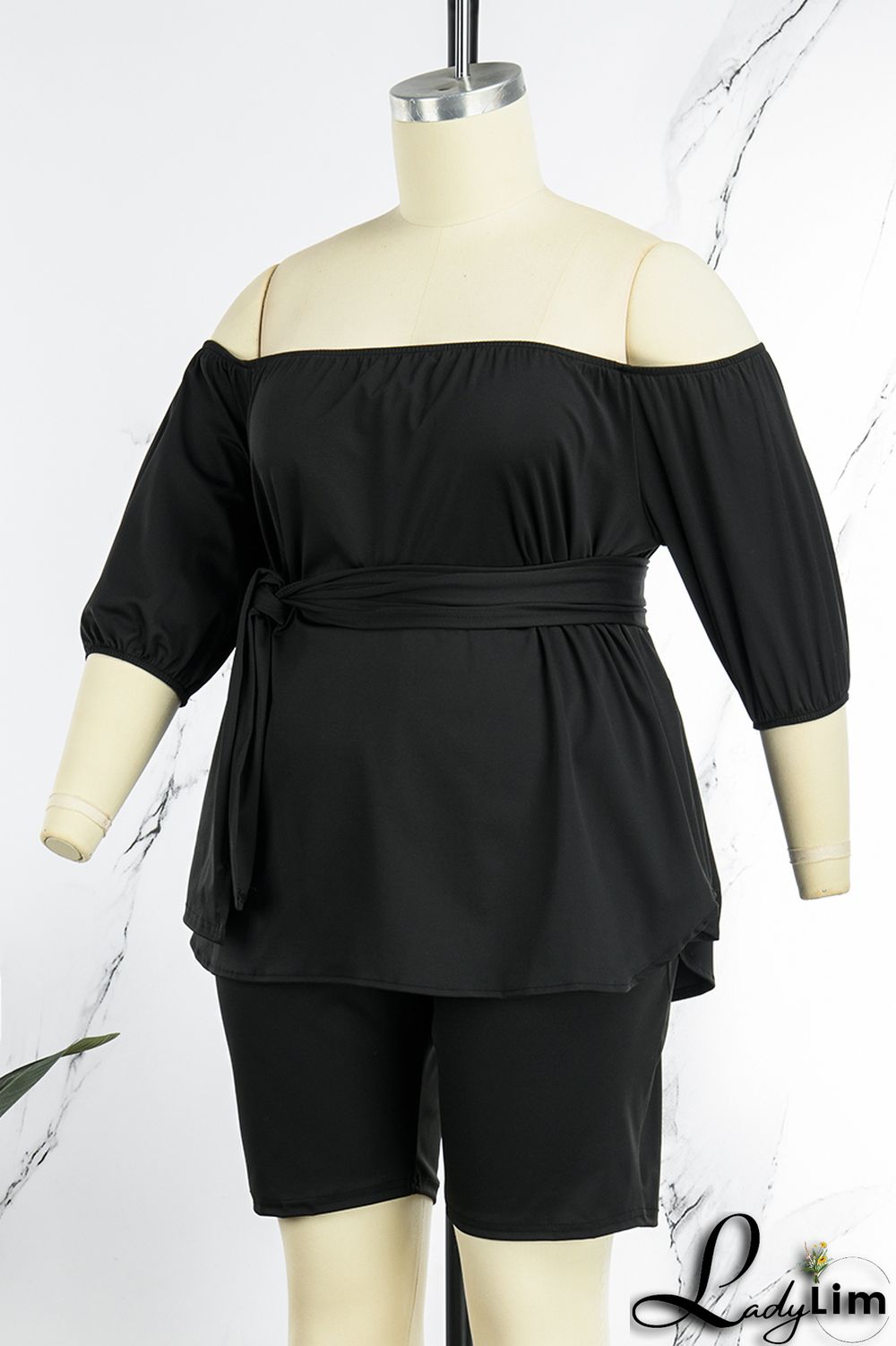 Khaki Casual Solid Bandage Patchwork With Belt Off the Shoulder Plus Size Two Pieces