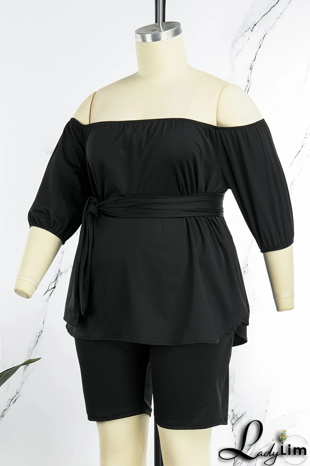 Khaki Casual Solid Bandage Patchwork With Belt Off the Shoulder Plus Size Two Pieces