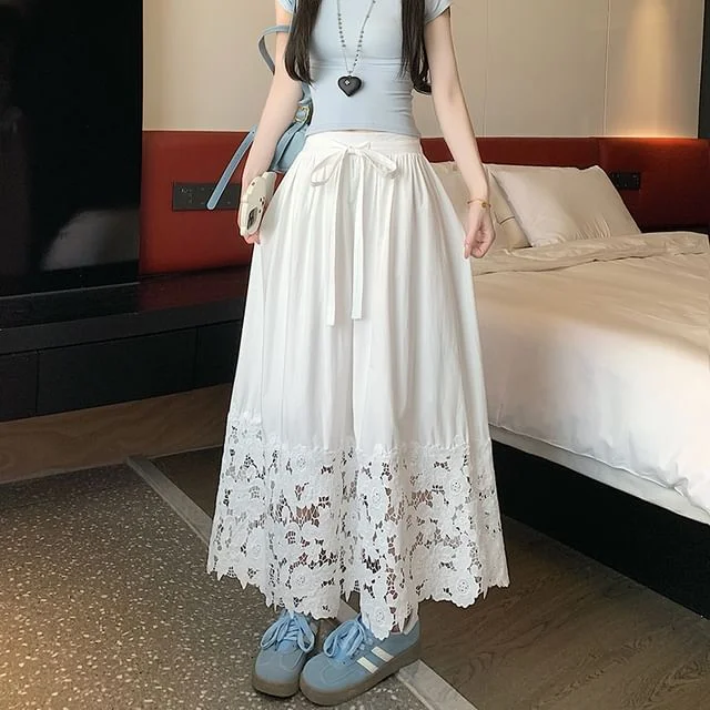 Skirt Rise A-Line Panel Lace Maxi High
