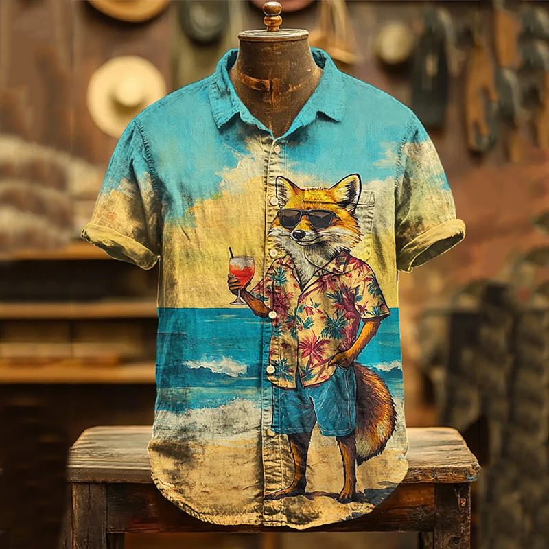 Men's  Hawaiian Fox Drinking Vacation Art Linen Blend Cozy Shirt