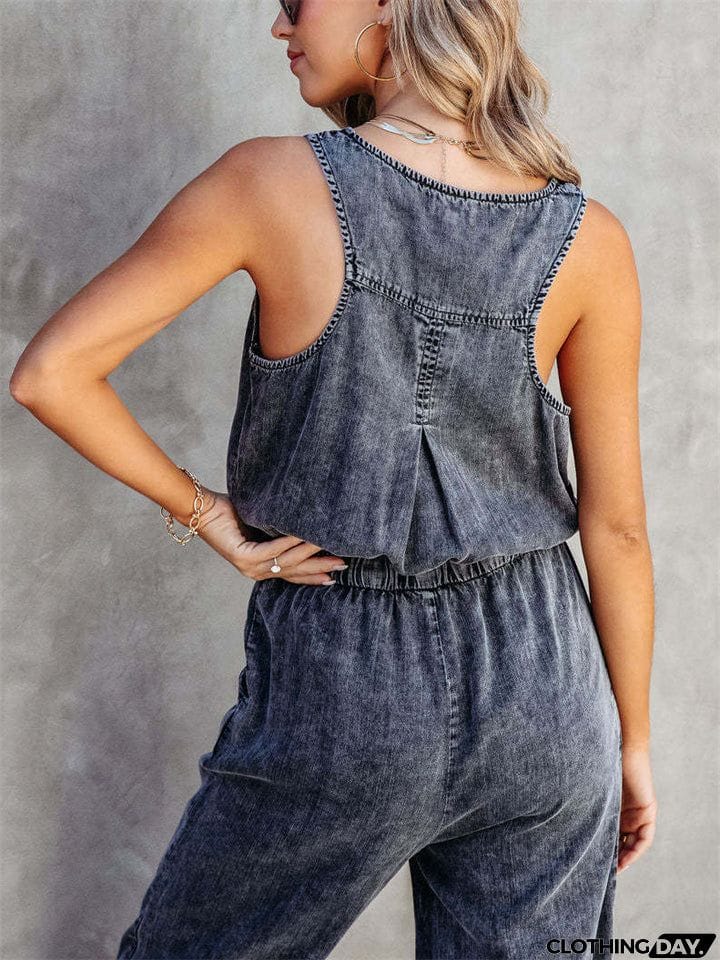 Women's Trendy U Neck Sleeveless Elastic Waist Loose Denim Jumpsuits