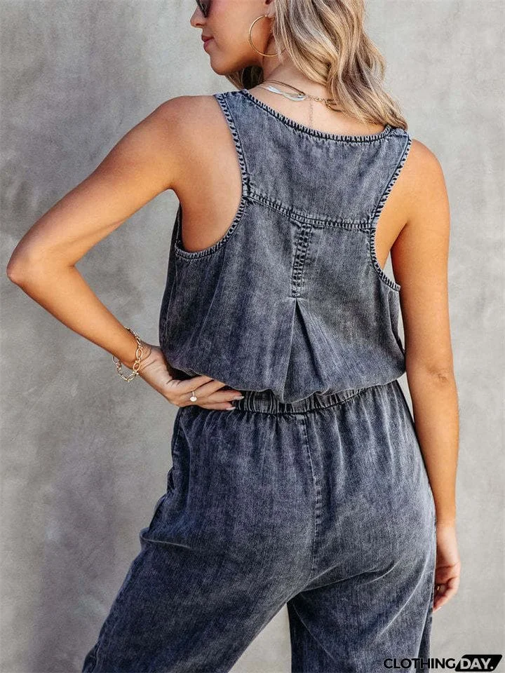 Women's Trendy U Neck Sleeveless Elastic Waist Loose Denim Jumpsuits