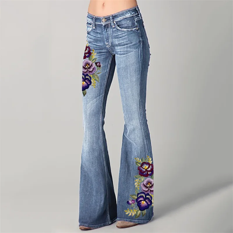 Classy Pansy Floral Embroidered Washed Bell Bottom Jeans