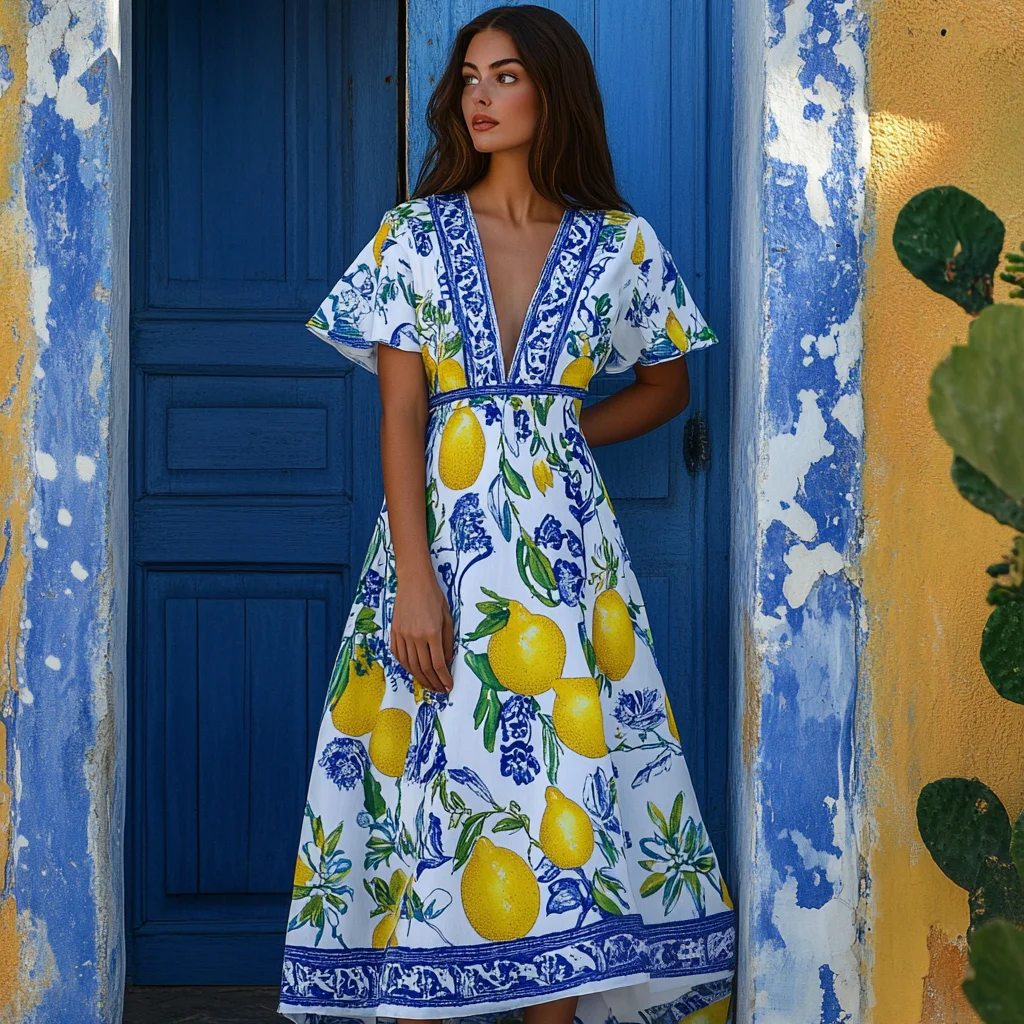 Abito midi con motivo mediterraneo italiano Amalfi e maiolica
