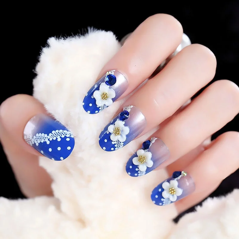 Weding accessories 24pcs/set  press on nails  Printing artificial nails Design Rose Red Blue Fake Nail With Glue Nail Tips 11.11-Nail Inspo