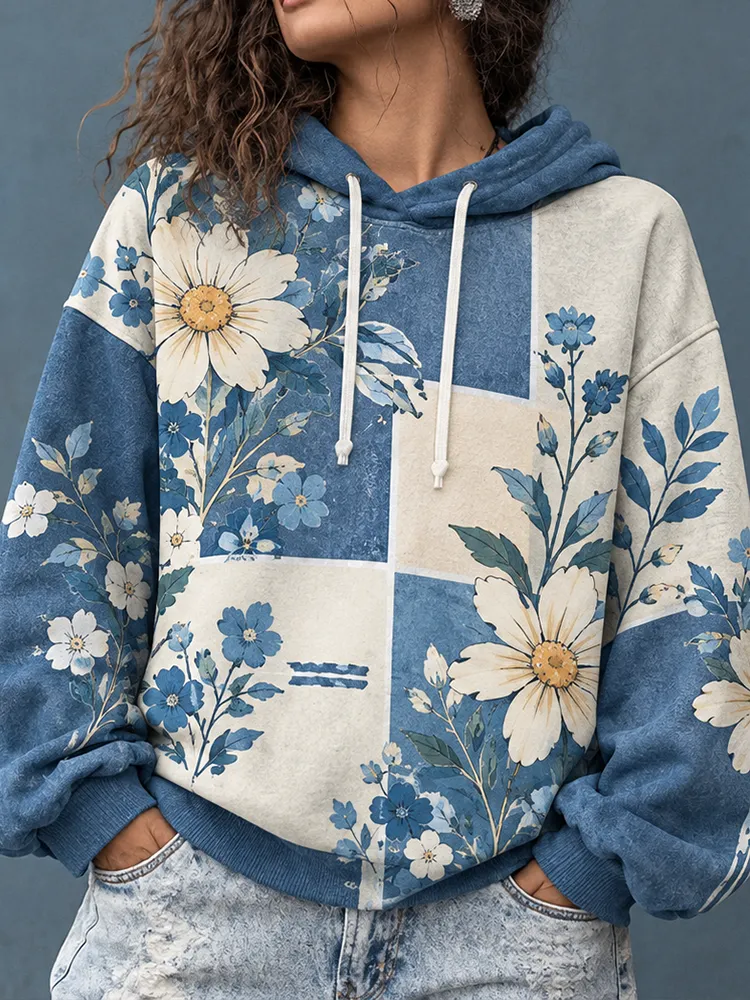 Comstylish Women's Casual Colorblock Patchwork Daisy Floral Print Hoodie