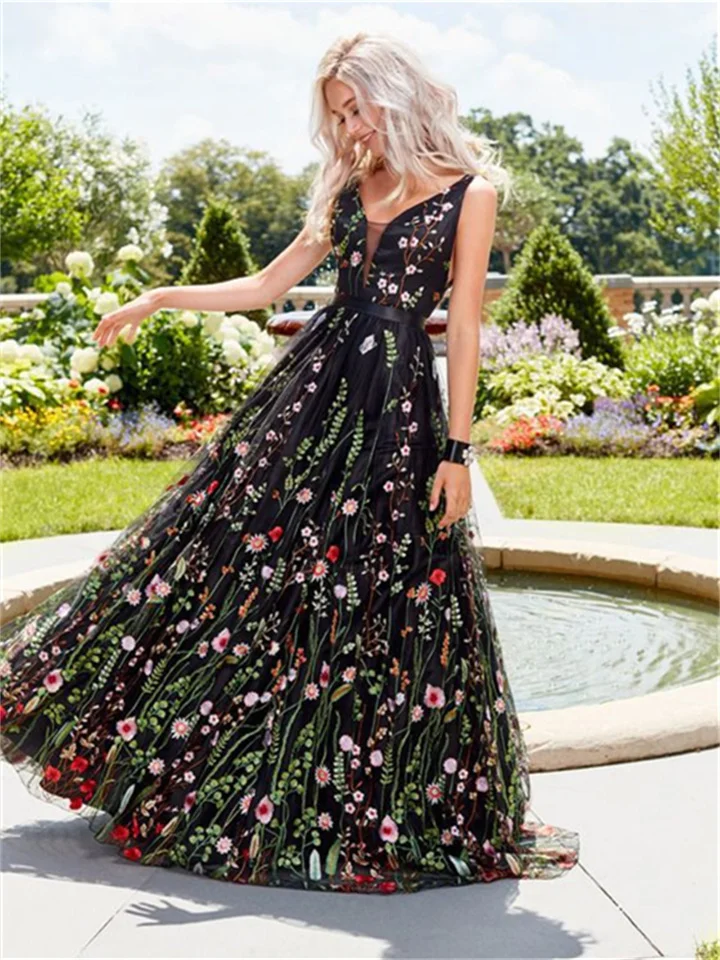 Sexy Deep V Slim Backless Big Hem Dress Sleeveless Embroidered Long Dress