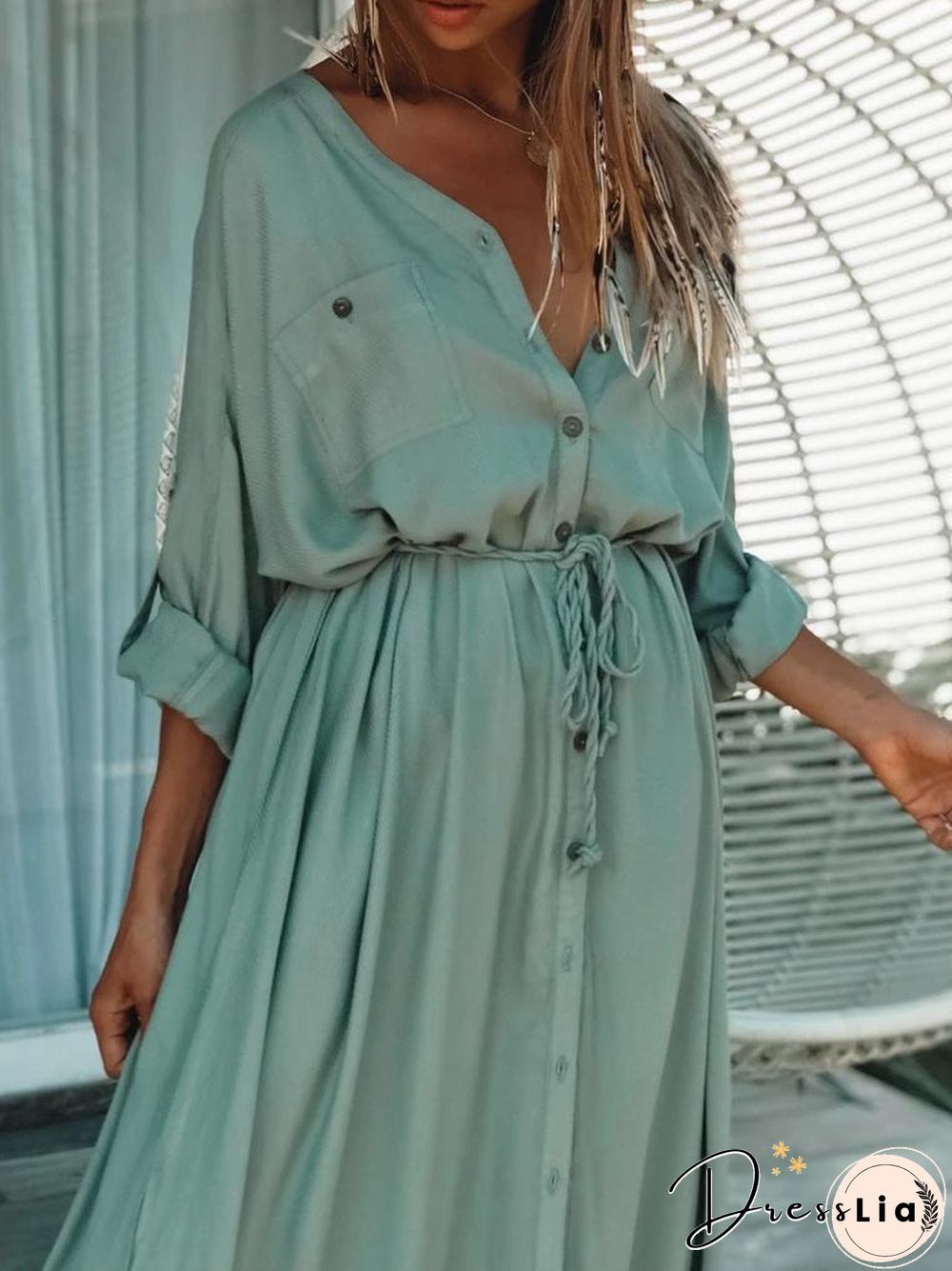 Single-Breasted Belt Beach Sun Protection Shirt Long Dress