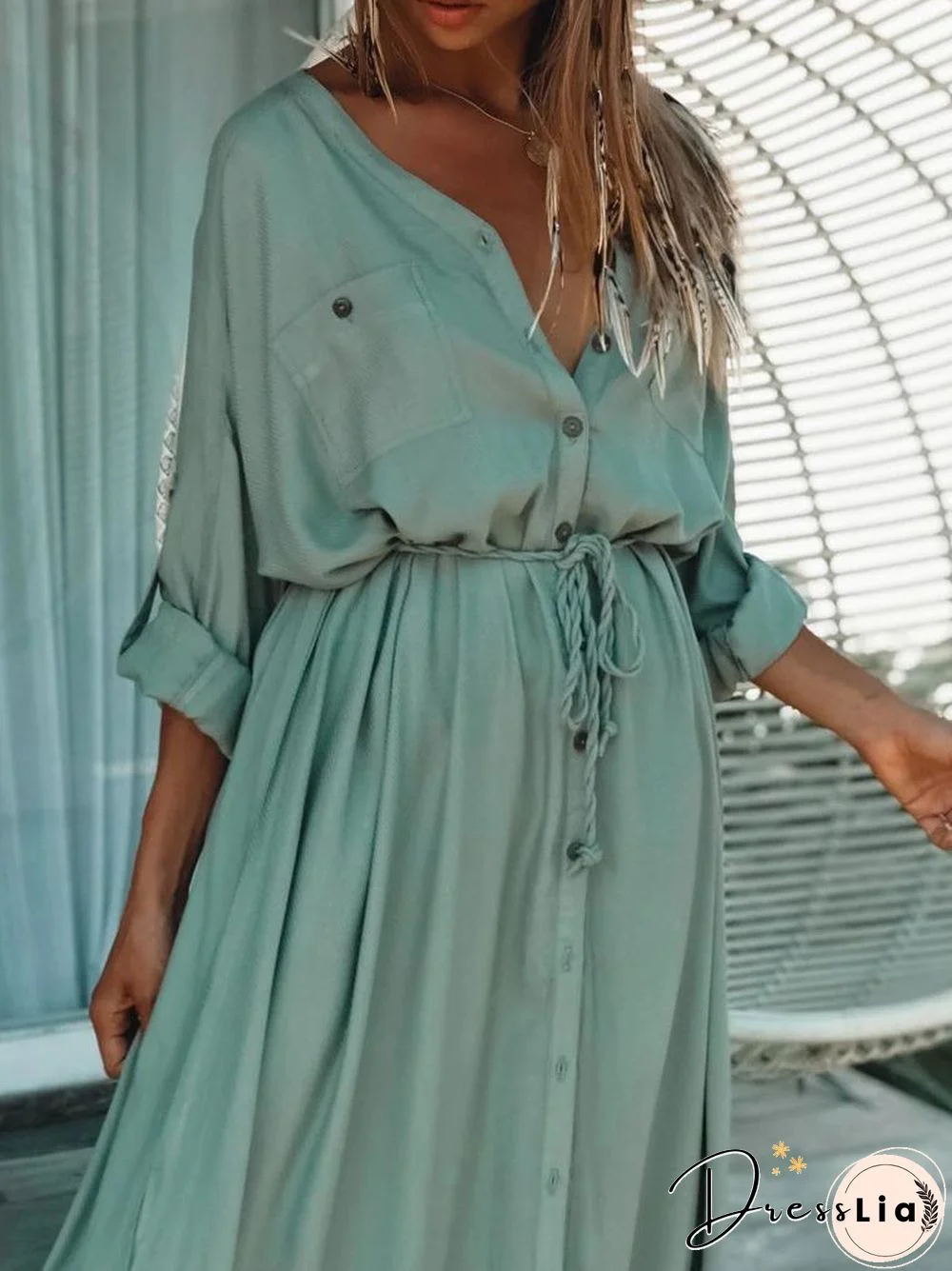 Single-Breasted Belt Beach Sun Protection Shirt Long Dress