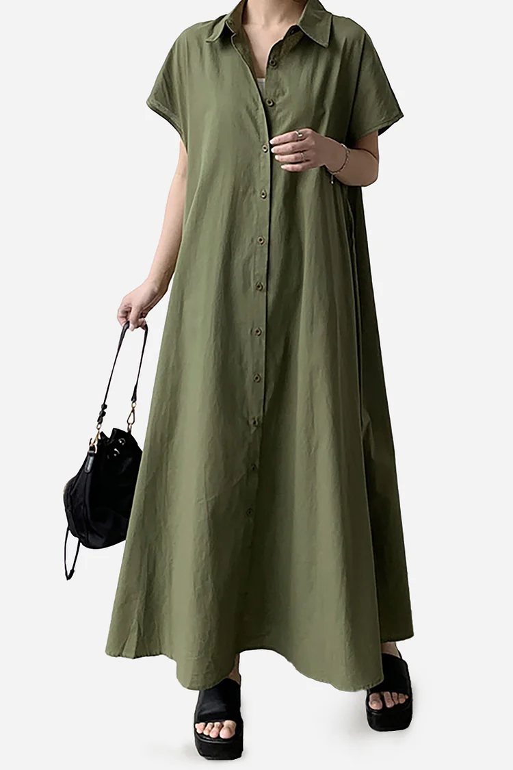Short Sleeve Turndown Collar Linen Maxi Dress