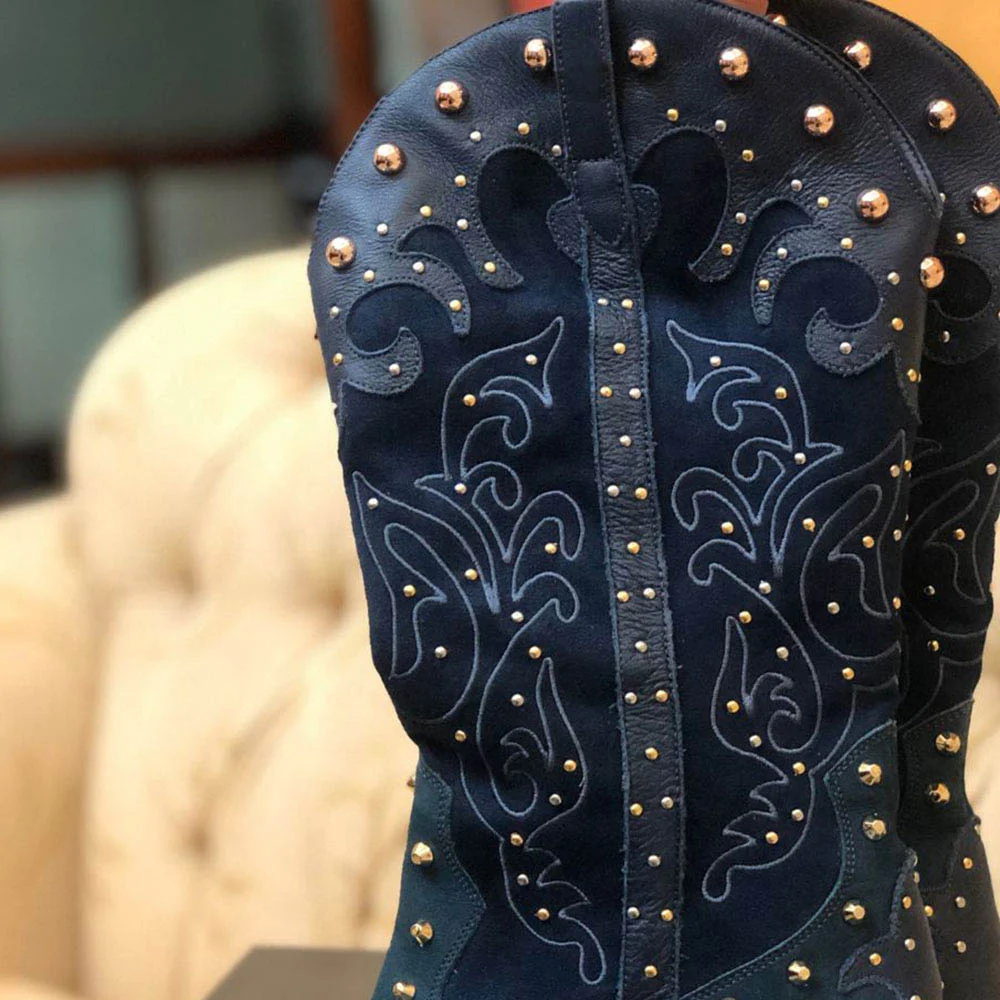 Navy Patchwork Pointed Toe Studs Embellished Cowboy Boots for Women