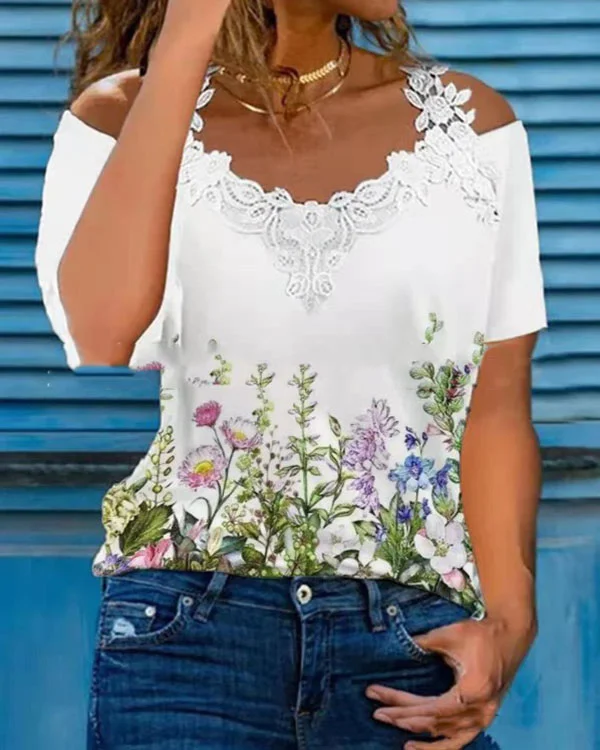 Lace V-neck Off-the-shoulder Short-sleeved Casual Top