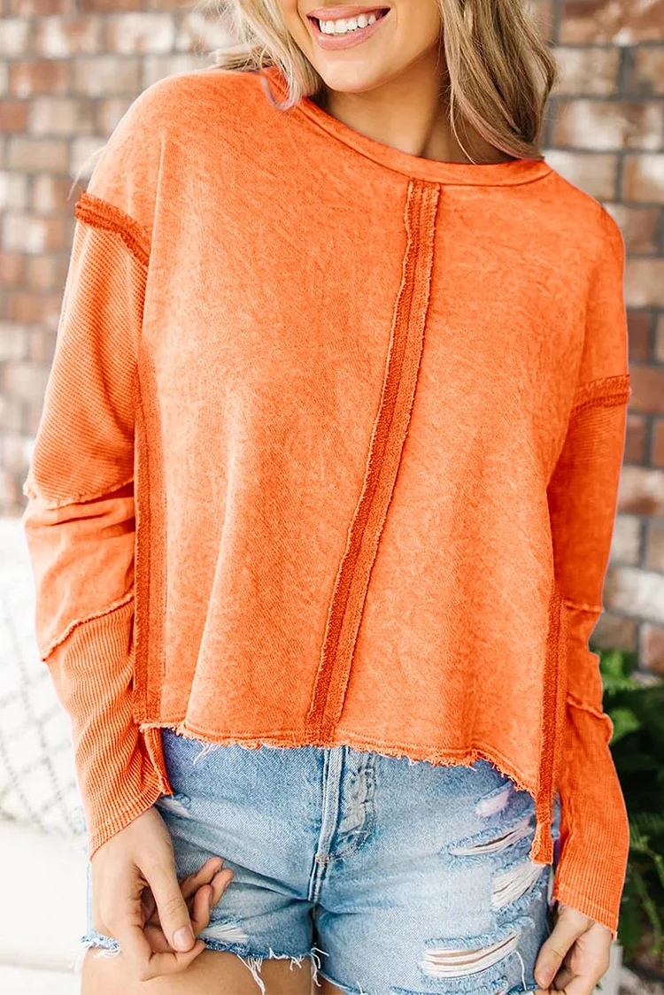 Women's Autumn Orange Exposed Seamed High Low Raw Edge Sweatshirt
