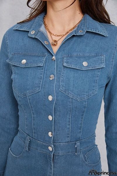 Snap Down Denim Jumpsuit with Pockets